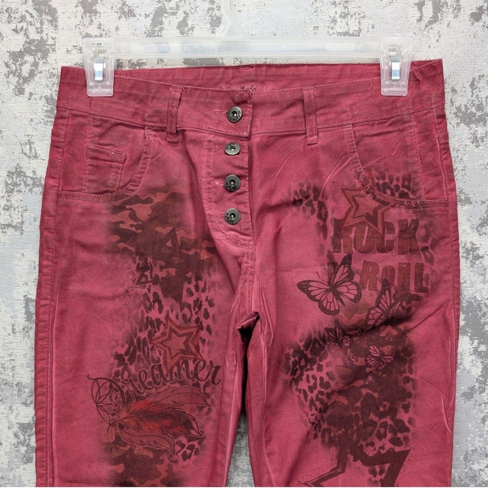 Gigi Moda Red Rock & Roll Graphic Print Button Fly Slim Pants Made in Italy XL - Picture 3 of 15